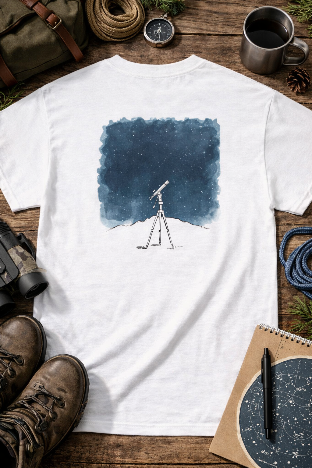 Night Sky Telescope Watercolor Print Tee